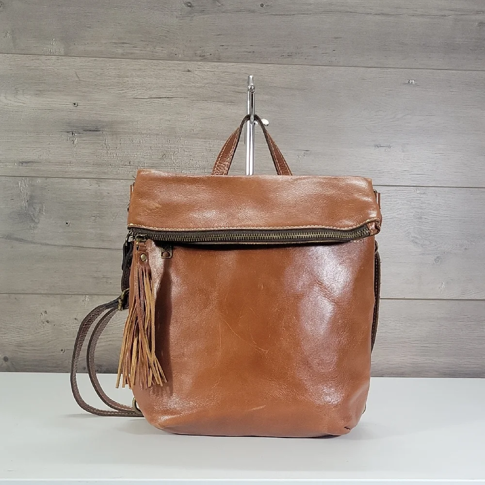 Patricia Nash Classic Tan Leather Fold-Top Backpack Tote Bag